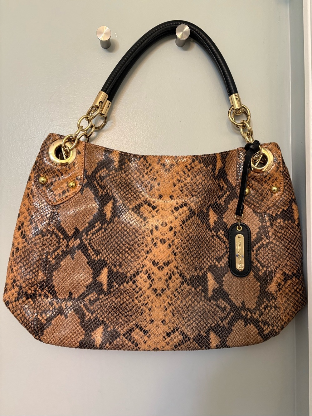 Genuine leather Cynthia Rowley Snake-Print Shoulder Bag with Gold Accents